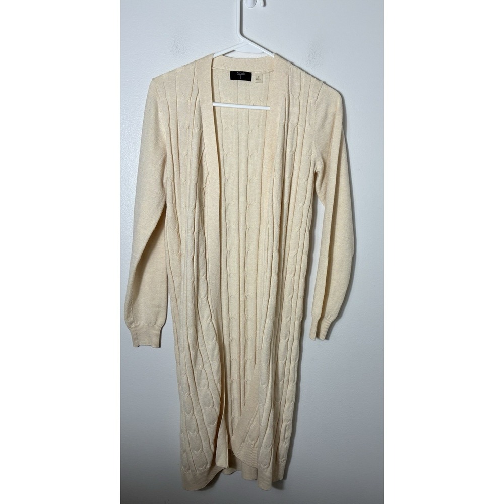 Tahari Long Line Open Front Cardigan Sz M Ivory Cable Knit Minimalist Neutral